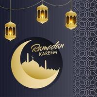 Exquisite illustration of golden crescent moon, mosque, and illuminated lanterns on floral patterned grey background for Islamic holy month of prayers, Ramadan Kareem concept. vector