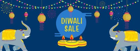 Diwali Sale Header or Banner Design with Cartoon Two Elephants, Illuminated Oil Lamps, Hanging Lanterns and Lighting Garland Decorated on Blue Background. vector