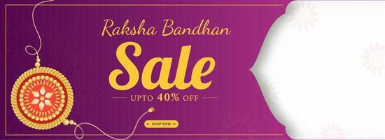 Raksha Bandhan Sale Header or Banner Design with Discount Offer and Golden Rakhi on Magenta and White Background with Space For Image. vector