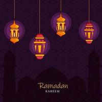 Islamic Holy Month of Ramadan Concept with Hanging Illuminating Lanterns, and Mosque Silhouette on Purple Background. vector