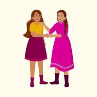 Young Girls Characters Bumping Their Fists Together On Beige Background. vector