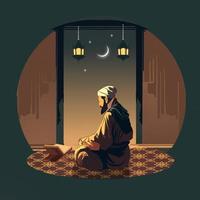 lado ver de musulmán hombre personaje ofrecimiento namaz con Corán libro en noche. islámico festival concepto. vector