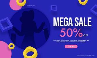 Web banner or horizontal template design with discount offer and 3d geometric elements on blue background for Mega Sale. vector