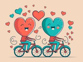 Two Funny Heart Shape Characters Riding On Their Bicycle For Love Concept. vector