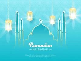 Islamic Holy Month of Ramadan Mubarak with Illuminated Lanterns and Line-art Mosque on Skyblue Background. vector