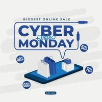 Cyber Monday Sale Poster Design with Different Discount Offers, Realistic Shopping Bags and Gift Boxes on 3D Smartphone. vector