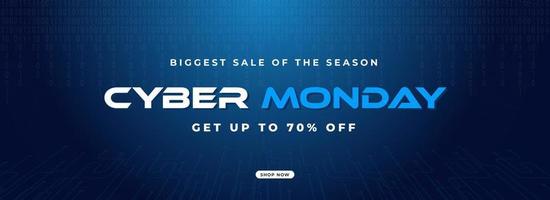 Biggest Sale Of The Season Cyber Monday Header or Banner Design with Discount Offer on Blue Binary Code and Circuit Board Background. vector