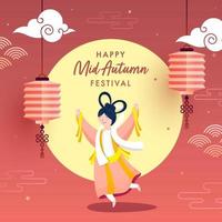 Chinese Goddess of Moon in Dancing Pose with Hanging Lanterns on Pastel Red and Yellow Background for Mid Autumn Festival Celebration. vector