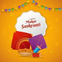 contento makar sankranti texto en blanco marco con cometas, cuerda carretes, indio dulce cuenco y verderón bandera en naranja antecedentes. vector