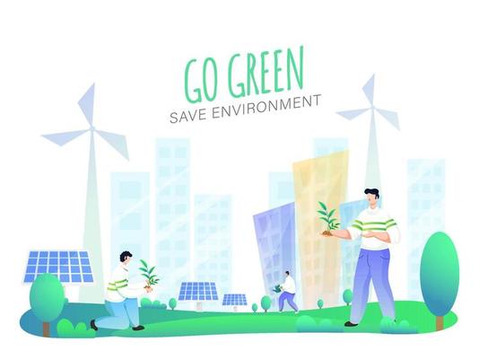 Illustration of People Gardening with Solar Panels, Windmills and Buildings on Nature Background for Go Green  Save Environment Concept.