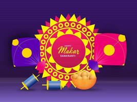 Happy Makar Sankranti Text In Mandala Frame With Kites, String Spools And Indian Sweet On Violet Background. vector