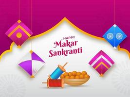 contento makar sankranti texto con indio dulce bol, cuerda carretes, cometas decorado en rosado y blanco antecedentes. vector