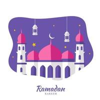 Islamic Holy Month of Ramadan Kareem with Beautiful Paper Mosque, Hanging Lanterns on Purple and White Background. vector