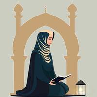 joven musulmán mujer personaje leyendo Corán libro en sentado actitud y iluminado Arábica lámpara en mezquita antecedentes. vector