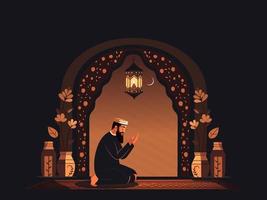 musulmán hombre personaje ofrecimiento namaz a estera con planta ollas, iluminado techo lámpara en creciente Luna marrón antecedentes y Copiar espacio. vector