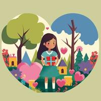 Standing Cute Girl Character Holding Gift Box In Heart Shape Cityscape Nature Background. vector