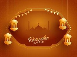 Iit candles inside arabic golden lanterns, and mosque silhouette, bunting flags for Islamic holy month of Ramadan Kareem occasion. vector