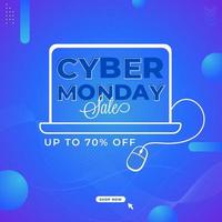 ciber lunes rebaja póster diseño con descuento oferta, línea Arte ordenador portátil y ratón en lustroso azul antecedentes. vector
