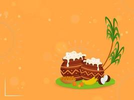 Illustration Of Pongali Rice Mud Pot With Fruits, Indian Sweet Bowl And Sugarcane On Orange Background. vector