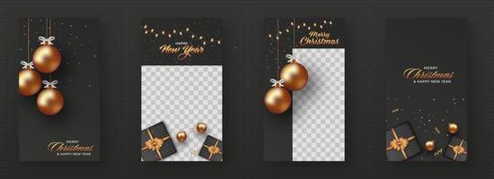 Merry Christmas, New Year Template Design With 3D Bronze Baubles Hang, Gift Boxes And Confetti Decorated Background In Four Options. vector