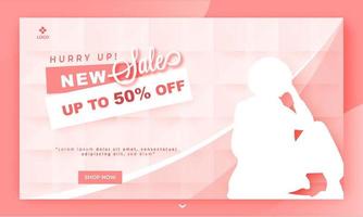 Advertising web banner design with silhouette woman and discount offer on pink square pattern background for New Sale. vector