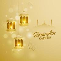 Iit candles inside arabic golden lanterns, and mosque silhouette for Islamic holy month of Ramadan Kareem occasion. vector