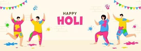 Holi Celebration Background With Young People Characters Enjoying Festival In Colorful Dress. vector