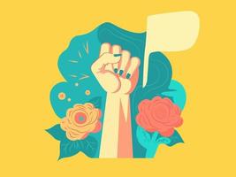 Pop Art Fist Raised Hand With Roses And Blank Message Bubble On Yellow Background. vector