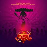 Happy Dussehra Wishing Card with Silhouette of Demon Ravana and Lord Rama Army on Purple Rays Bokeh Background. vector