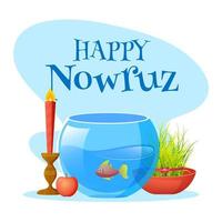 Happy Nowruz Font with Goldfish Bowl, Semeni, Apple and Illuminated Candle Holder on Abstract Background. vector