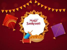 contento makar sankranti fuente en mandala marco con realista cometas, cuerda carretes y indio dulce cuenco decorado quemado rojo antecedentes. vector