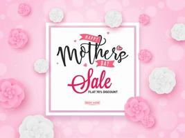 Happy Mothers Day Sale Poster Design with  Discount Offer and Paper Cut Flowers Decorated on Pink Bokeh Blur Background. vector