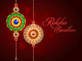 raksha Bandhan fuente con decorativo rakhi en oscuro rojo difuminar bokeh antecedentes. vector