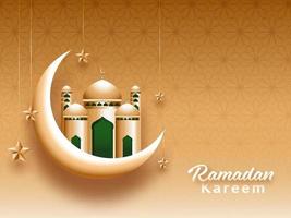 Beautiful golden mosque and crescent moon, and hanging stars on brown background for Islamic holy month of Ramadan Kareem. vector