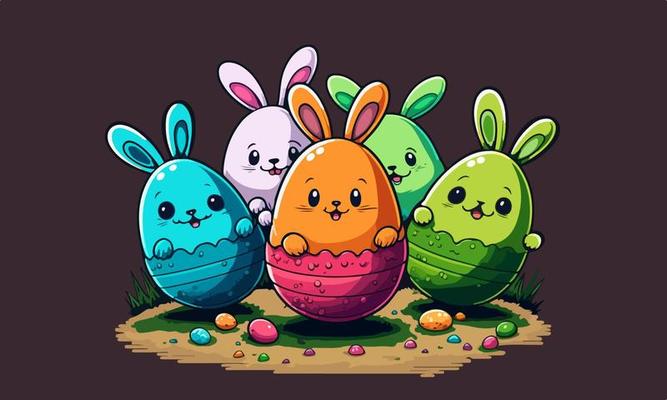 Illustration Of Colorful Cute Baby Bunnies Or Rabbits Characters Inside Cracked Eggshells On Landscape Against Brown Background. Happy Easter Day Concept.