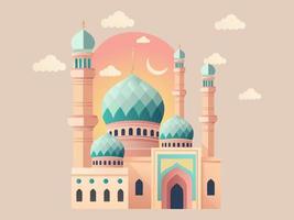 Vector Illustration of Mosque Arched With Crescent Moon On Clouds Beige Background And Copy Space.