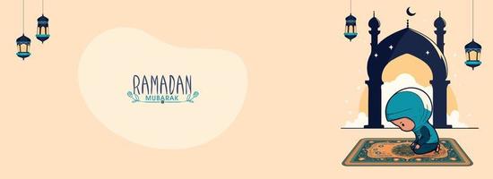 Ramadan Mubarak Banner Design With Muslim Girl Offering Namaz On Mat, Mosque And Hanging Lamps Decorated Peach Background. vector