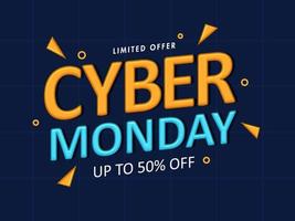 Glossy Cyber Monday Text with Triangle Elements and Discount Offer on Blue Grid Background. vector