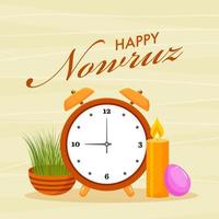 Happy Nowruz Font with Alarm Clock, Egg, Illuminated Candle and Sabzeh on Yellow Strip Background. vector