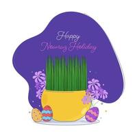 Illustration of Semeni Bowl with Printed Eggs and Hyacinth Flowers on Purple and White Background for Happy Nowruz Holiday. vector