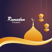 Iit candles inside arabic golden lanterns, and golden mosque for Islamic holy month of prayers, Ramadan Kareem occasion. vector