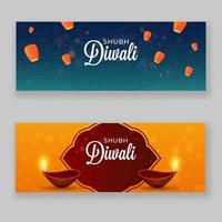 Diwali Header or Banner Design with Lit Oil Lamps and Flying Lamps in Two Color Options. vector