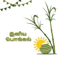 tamil idioma contento pongal texto con tradicional plato barro maceta, Caña de azúcar, Dom Dios y verderón bandera en blanco antecedentes. vector