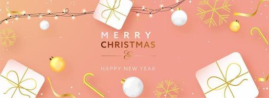 Merry Christmas Happy New Year Text With Realistic Baubles, Gift Boxes, Snowflakes, Candy Canes And Lighting Garland On Peach Background. vector