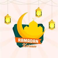 Golden crescent moon, mosque, illuminated arabic lanterns on rays background for Islamic holy month of Ramadan Kareem Concept. vector