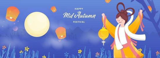 Happy Mid Autumn Festival Header or Banner Design with Chinese Goddess Holding Lantern and Flying Lamps on Full Moon Blue Nature Background. vector