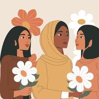 hermosa De las mujeres personaje con flores en beige antecedentes. vector