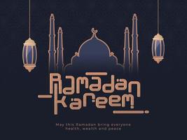 Islamic Holy Month of Ramadan Kareem with Hanging Lanterns, Mosque and Stylish Text. vector