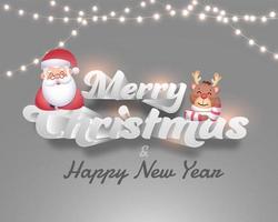 Merry Christmas Happy New Year Font With Cartoon Santa Claus, Reindeer Character And Lighting Garlands On Grey Background. vector