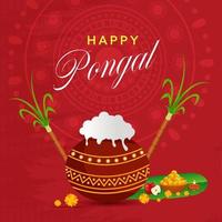 Happy Pongal Celebration Concept With Pongali Rice In Mud Pot, Sugarcane And Sweet Bowl On Red Mandala Pattern Background. vector